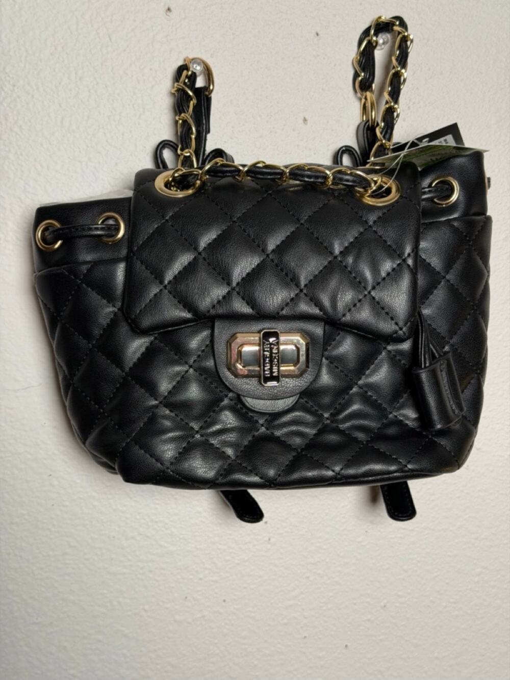 NWT Badgley Mischka Black Quilted Backpack Gold Chain Vegan Leather MSRP $99